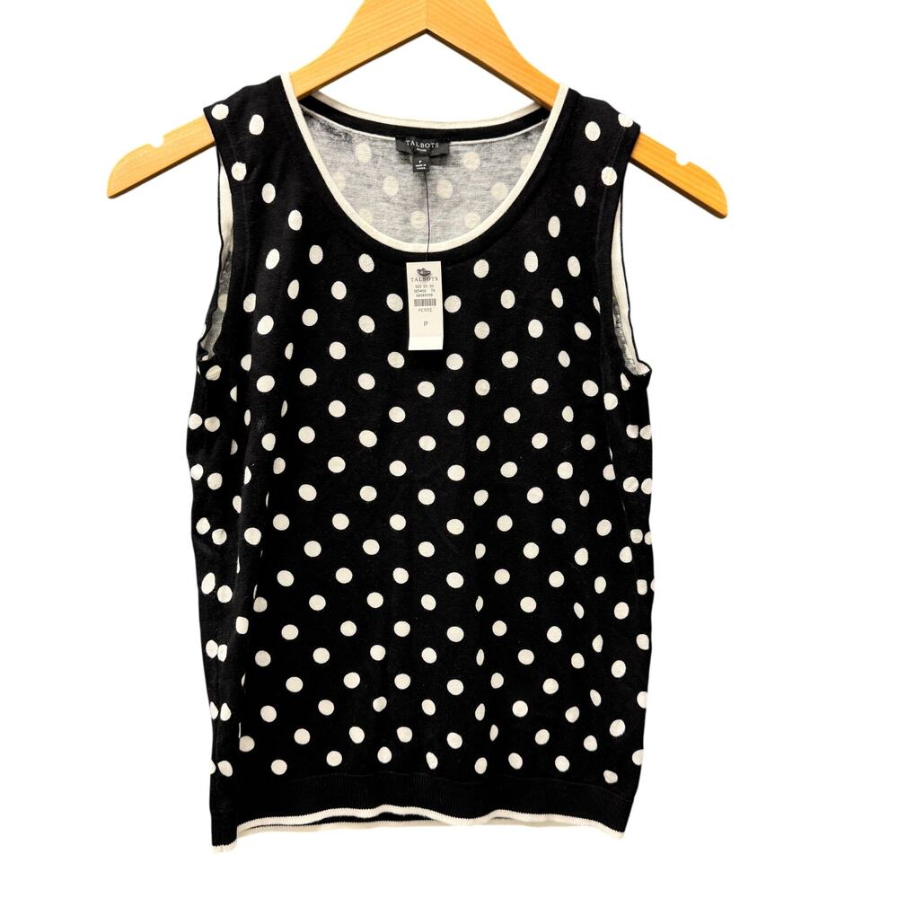 Talbots Sweater Shell Womens P Petite Black White Polka Dot Sleeveless Knit NEW